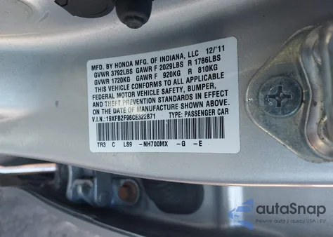 2012 Honda Civic Ex-L z USA, uszkodzony, nr VIN 19XFB2F96CE322871